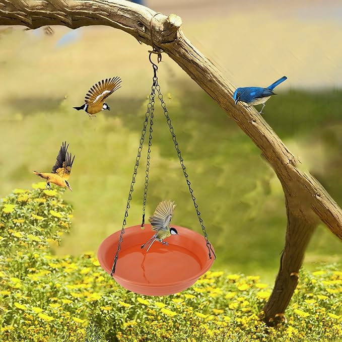 VUWEZ Hanging Bird Bath, Hanging Bird Water Feeder for Outdoors, Feeder Bowl, 1 Pack Birdbath Tray Accessories for Outside, Plastic Birdbaths Tray for Garden Patio Decoration (8", Terra Cotta)