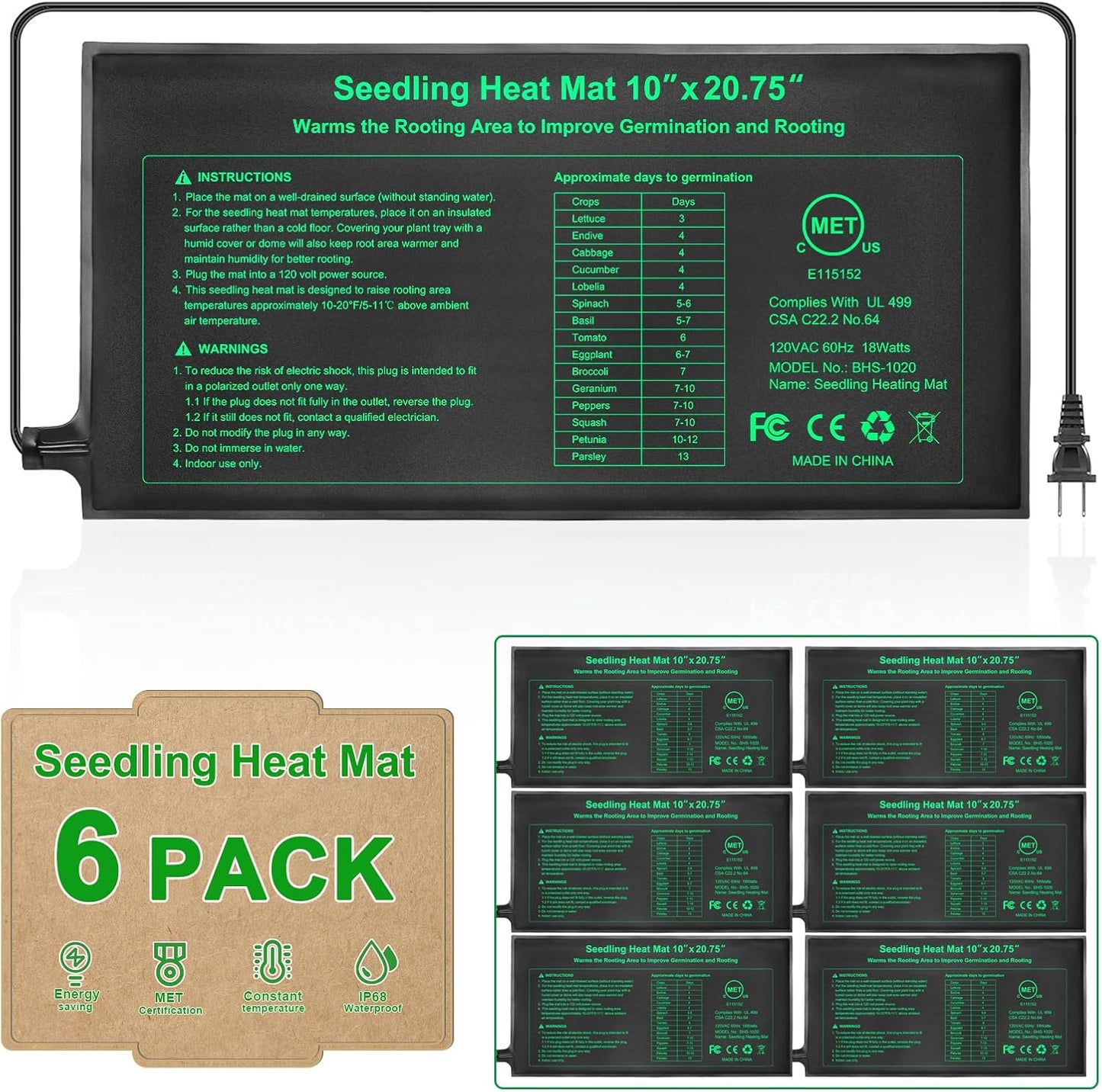 Besitio Seedling Heat Mat 6 Pack,10" x 20.75" Greenhouse Heater, MET Certified Germination Heat Mat, for Greenhouse Seedling, Seeding, Home Gardening Seeding Starter