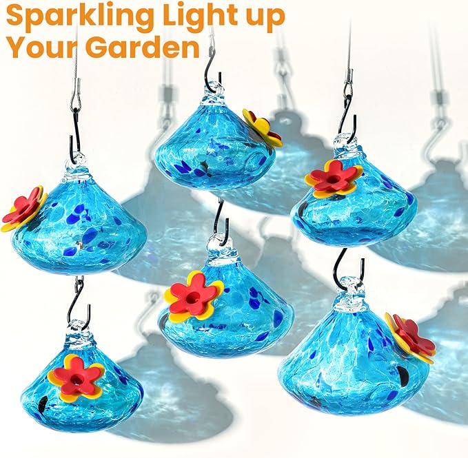 Wind Chime Glass Hummingbird Feeder - 20 Oz Outdoor Hanging Feeder with 6 Ports, Attract More Hummingbirds, Leak-Proof Design, Unique Garden Backyard Decor & Ideal Gift (Blue)