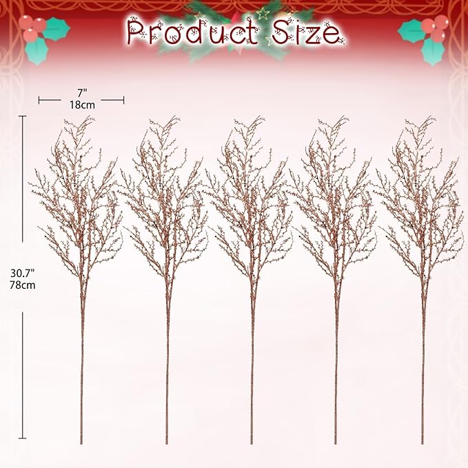 30.7" Christmas Champagne Glitter Stems, 5Pcs Artificial Spray Leaf Picks Tall Branches for Christmas Tree DIY Xmas Wreath Garland Arrangment Vase Bouquets Table Centerpieces Decoration Home Decor