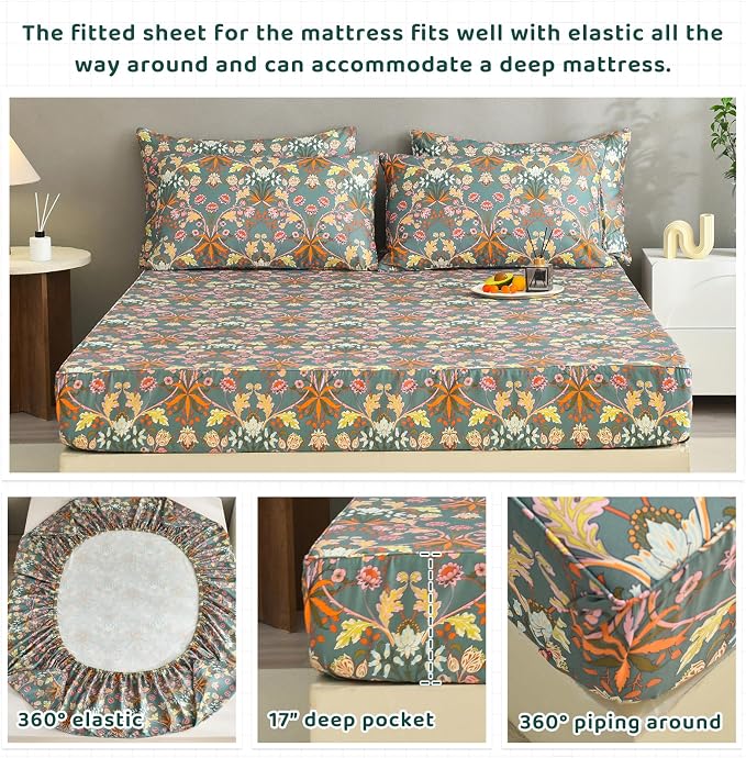 QSH Egyptian Cotton Floral Bed Sheets Queen Size,Luxury Silk Feel Paisley Botanical Pattern Printed Floral Sheets Sets Queen Extra Soft and Breathable 4pcs Deep Pockets Elegant Bedding Sheets