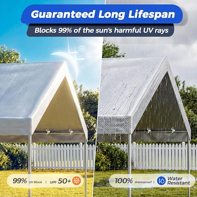 10x20 FT Carport Canopy Replacement Cover, Heavy Duty Car Garage Top Tent Shelter Tarp, Waterproof & UV Protected, Easy Installation with Ball Bungees, Gray (Frame Not Included)