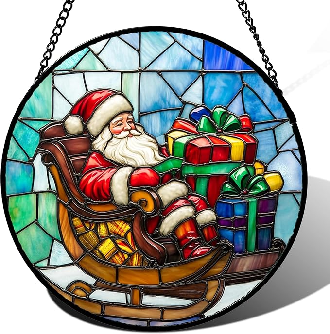 DASTOLL Stained Glass Window Hanging - Santa Claus Gift BoxSuncatcher for Doors Home Christmas Decoration Winter Sun Catcher Thanksgiving New Year Birthday Gift for Women Men Mom Nana 15 in