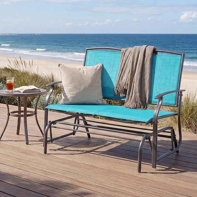Giantex Outdoor Glider Bench, Patio Glider Bench for Outside, Steel Frame, 400 Lbs Capacity, Ergonomic Swing Rocking Chair Loveseat, 2-Person Porch Swing Rocker for Backyard, Lawn, Balcony, Turquoise