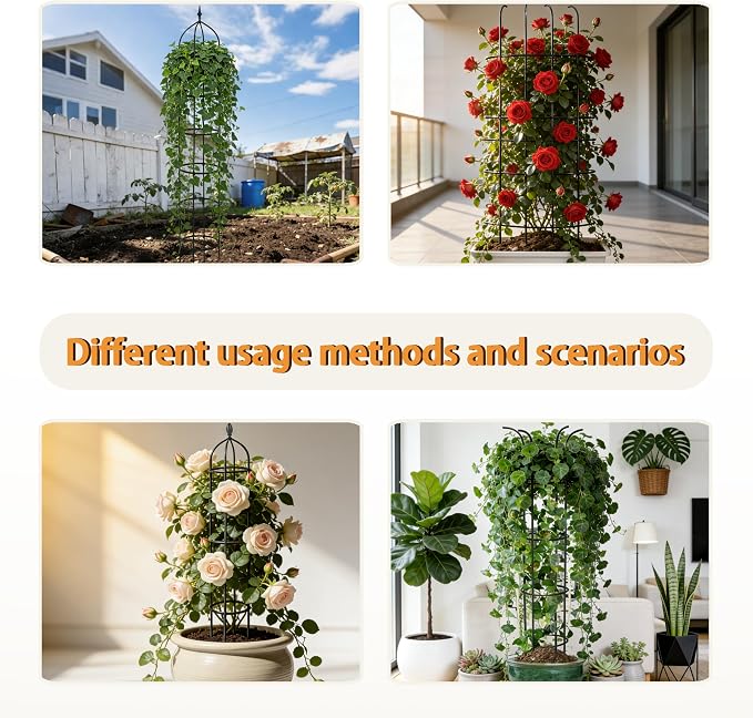 2 Pack Garden Obelisk Trellis for Climbing Plants Outdoor, 6FT Adjustable Metal Plant Support with 3 Decorative Tops, Black Rustproof Trellis for Roses, Tomatoes, Clematis & Vines