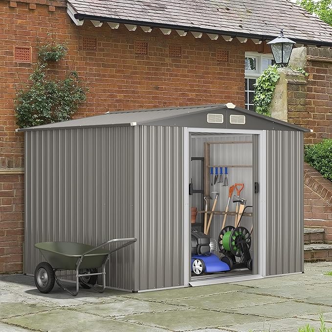 Goplus 8.5' x 6.8' x 6' Outdoor Storage Shed, Weather-Resistant Utility Storage House w/Foundation, 4 Air Vents, Double Doors & Ramp, Galvanized Steel Tool Shed for Garden, Lawn, Patio, Yard