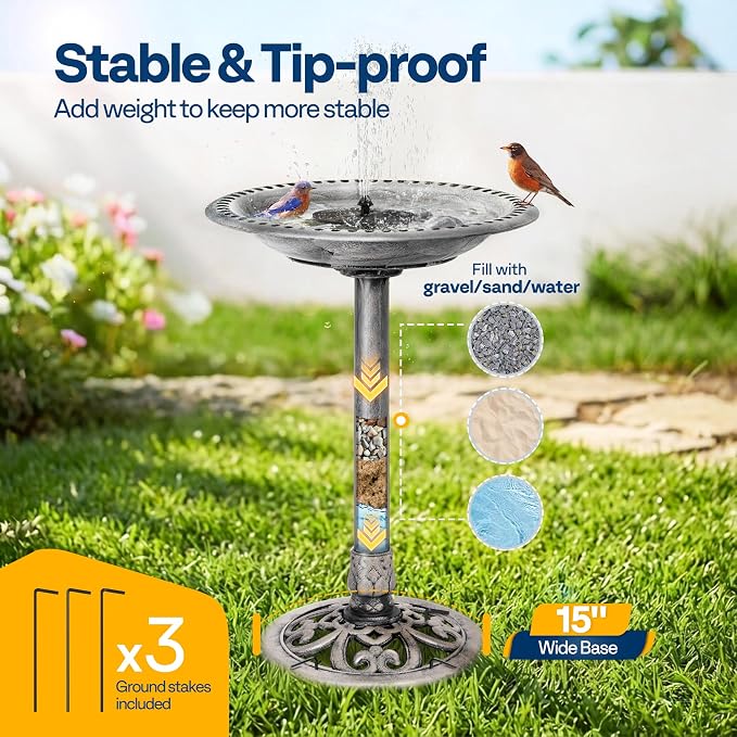 VIVOHOME Bird Bath with Solar Fountain for Outside, Polyresin Pedestal Bird Baths with Solar Powered Pump for Outdoor, Garden, Weather-Resistant Birdbaths with 20" Bowl, Gray