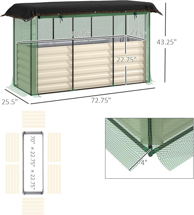 Outsunny 5.9 x 2 x 1.9 ft Galvanized Raised Garden Bed with Crop Cage Plant Protection Net and Shade Cloth Roof, Metal Planter Box with Cover for Vegetables, Flowers, Herbs, Beige