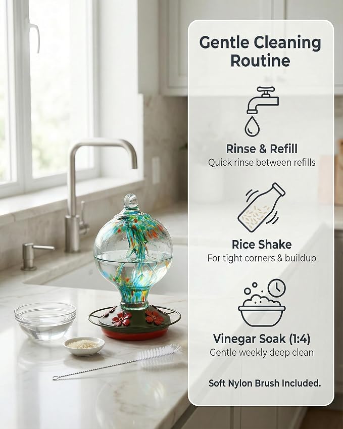 Hummingbird Feeder for Outdoors Hanging, 34 oz, Hand Blown Glass Humming Bird Feeders, Uniqe Gift for Women Mom Garden Bird Lover, Hook & Brush Included, Rainforest Blue