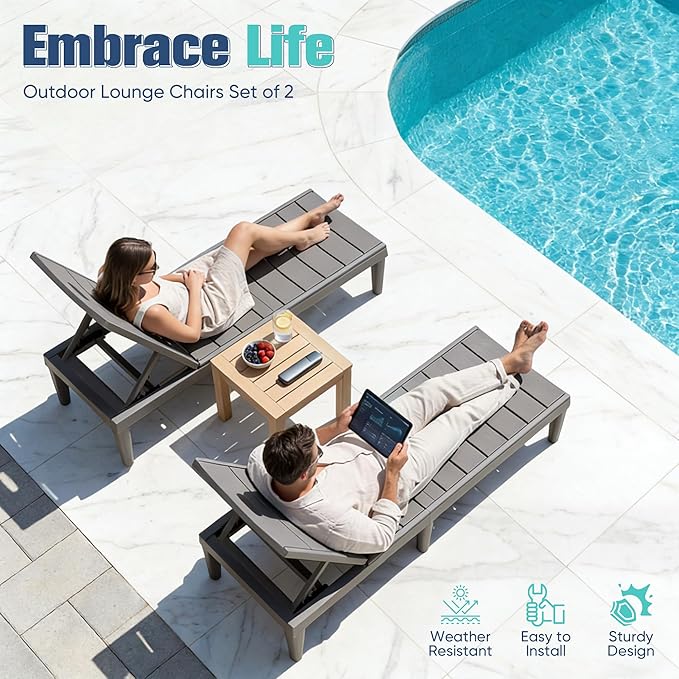 Devoko Outdoor Chaise Lounge Chair Set of 2 with 5-Position Adjustable Back, Waterproof & Lightweight PP Lounge Chairs for Outside Pool Patio (Light Brown)