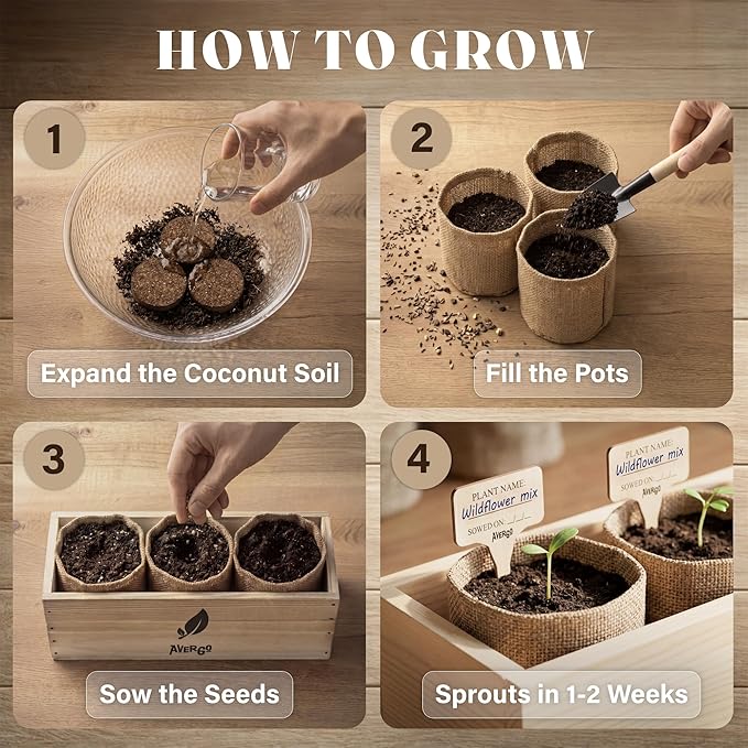 AVERGO Wildflower Seed Mix Growing Kit - Includes Perennial & Annual Wild Flowers, Burlap Planters, Soil, Wooden Box, and Gardening Tools for Indoor Garden and Patio Planting