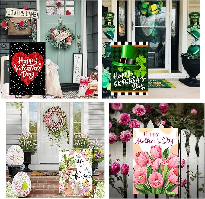 Seasonal Garden Flag Set of 12 Double Sided 12x18 Inch, Holiday Mothers Day 4th of July Garden Flag for Outside, Small Yard Flags for the Entire Year, with Free Anti-Wind Clip and Stopper