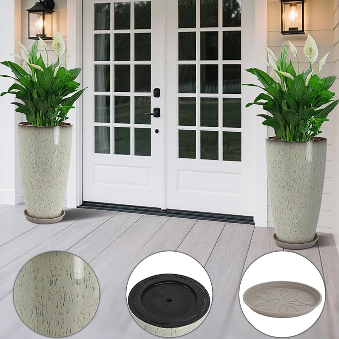 Neoaider Set of 2 Lightweight Ceramic-Look Tall Planter, 21 inch Large Plastic Planter with Drain Hole & Saucers, Large Outdoor Planters for Porch, Garden, Patio, Balcony(Drip Glaze)
