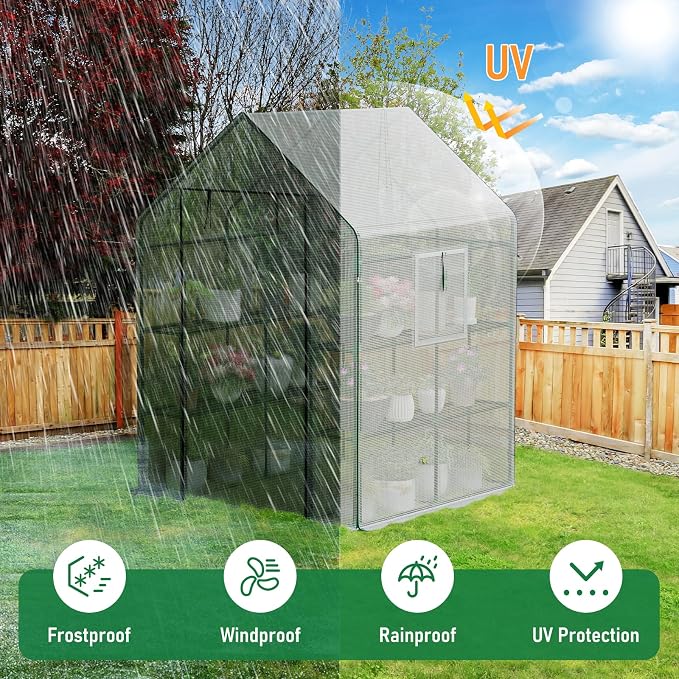 56×56×78Inch Walk-in Greenhouse for Outdoors with Screen Windows, Heavy Duty Small Plant House with Thicken PE Cover and Steel Shelves, Portable Green House for Outside Garden Winter, White