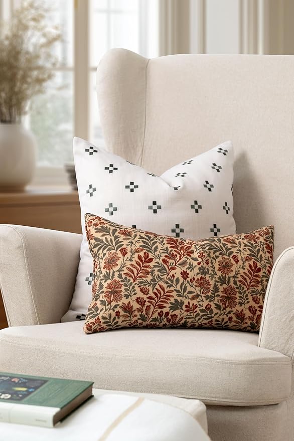 Crumbs Home Modern Farmhouse California Casual Indoor Outdoor Lumbar Pillow Cover, 12"x20" Water Repellent for Patio, Backyard, Couch, Poolside, Rust Orange Print Sketch Botanical Flowers and Leaves