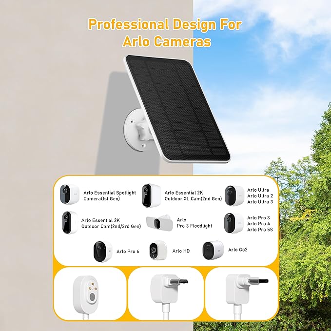 Solar Panel Charger for Arlo Essential Series,Go 2,Pro 6XL/6/5S/3,Ultra Series,Wireless Floodlights Camera,Solar Panel with Battery for Arlo Camera,9.8ft Cable,Adjustable Mount,Weatherproof
