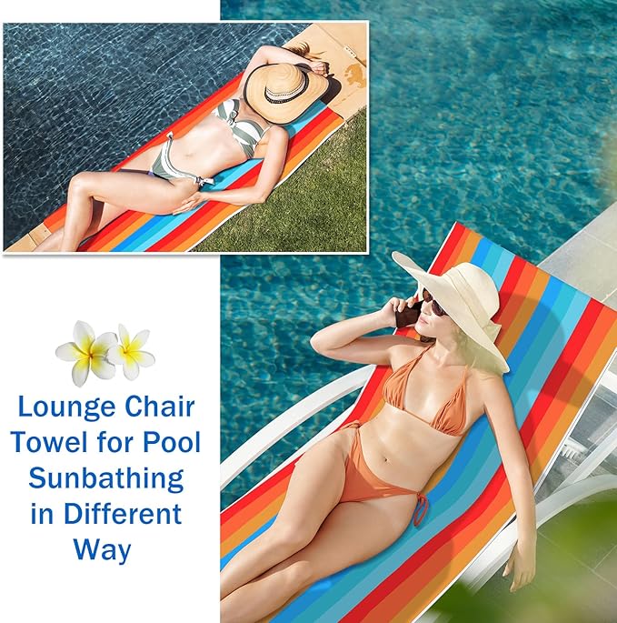 Fumete 2 Pack Lounge Chair Covers 30 x 85 Inch Pool Chaise Lounge Towels Microfiber Beach Chair Towel Portable Striped Outdoor Patio Furniture Cover for Sunbathing Picnic Spa(Colorful)