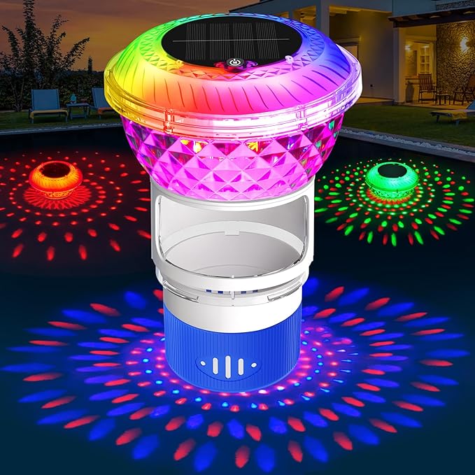Pool Chlorine Floater with Marquee Light,Color-Changing Chlorine Floater with Button Control,Floating chlorines Dispenser for Pool,Adjustable Release Solar chlorines floaters for Hot Tub,Blue