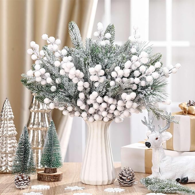 Lyrow 80 Pieces Christmas Snowy Pine Tree Picks Artificial Berry Stems Sprays Faux Cedar Pine Needles Branches for Holiday Arrangement Wreath DIY Garland Holiday Decor Winter Greenery (White)