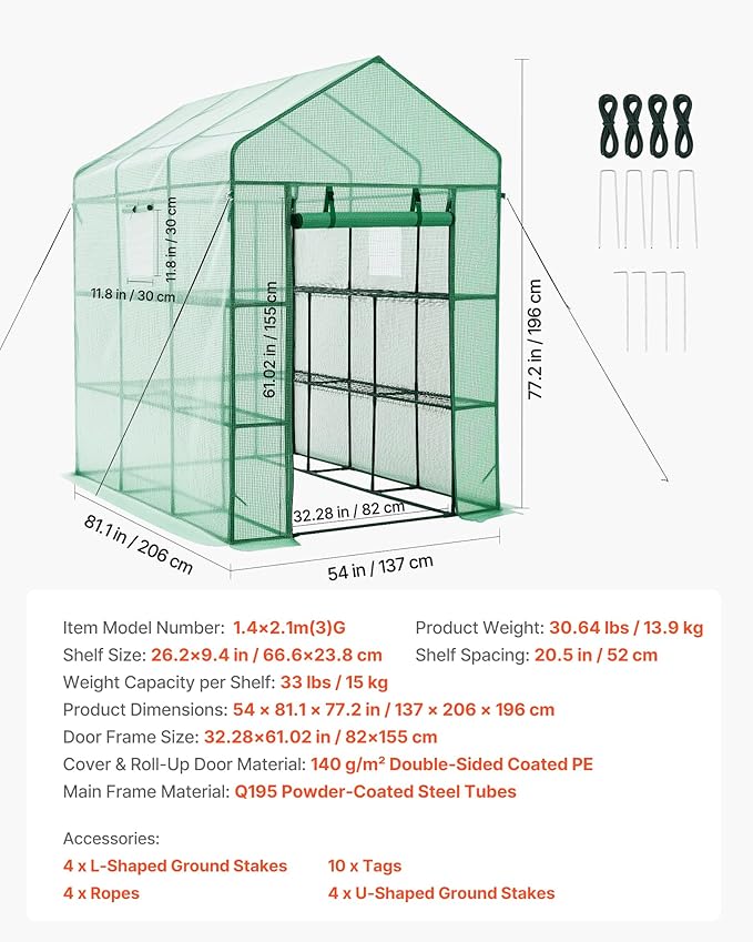 VEVOR Walk-in Greenhouse, 54" x 81.1" x 77.2" Greenhouse for Outdoors with Windows, PE Cover, 2 Tiers 14 Shelves, Roll-Up Zipper Door, Walk in Green House, Portable Plant Garden Hot House for Backyard