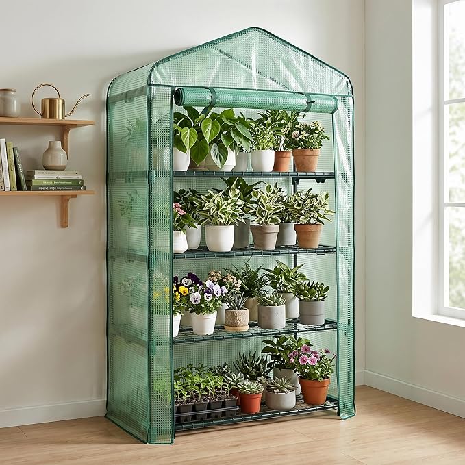 Worth Garden 50% Extra Wide Mini Greenhouse 4 Tier Portable Plant Green House 40in Wide -Sturdy Gardening Shelves with PE Cover & Roll-Up Zipper Door - Indoor & Outdoor Use - 19″W. x 40″L. x63″H.