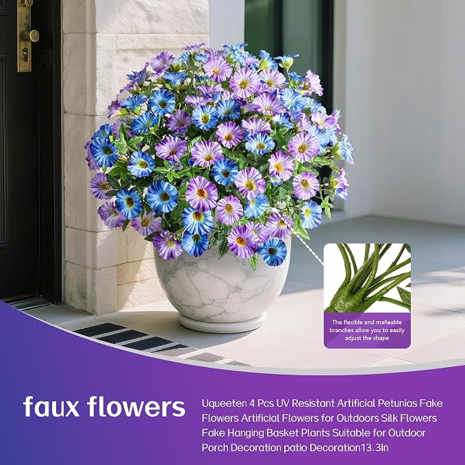 Blue Purple Artificial Morning Glory Flowers for Outdoor Planters, Premium UV Resistant Silk Faux Flowers for Porch, Hanging Basket & Window Box, Cottage Garden Decor, No Pot, 13.3 Inch, 8 Bundles