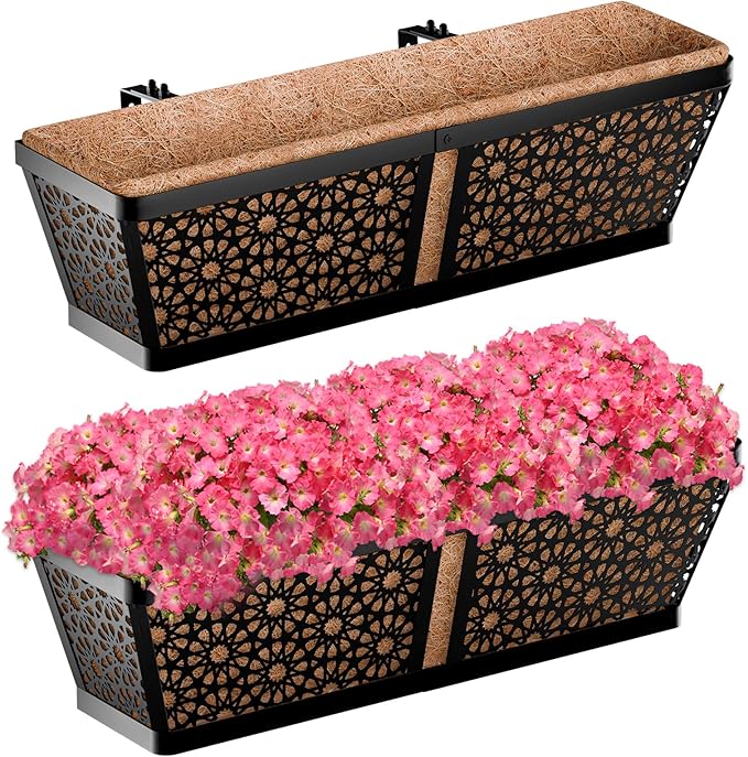 ZeeDix Railing Planter Boxes, 24 Inch Window Flower Box Planters with Coco Liner & Adjustable Brackets for Deck Porch Fence Patio Balcony Gardening Outdoor Plants (2 Pack)