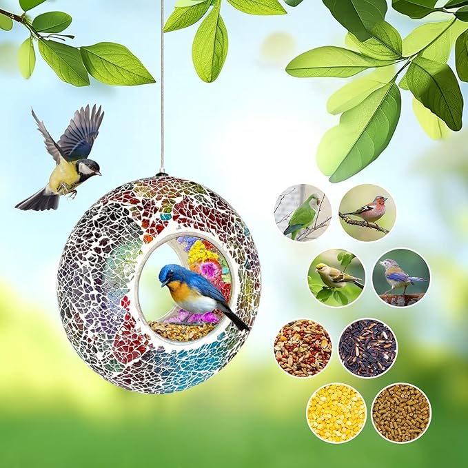 Hanging Bird Feeders for Outdoor Glass Mosaic Fly Through Wild Bird Feeder Round Shape Birdfeeder for Outside Garden Yard Patio Decoration Multicolor