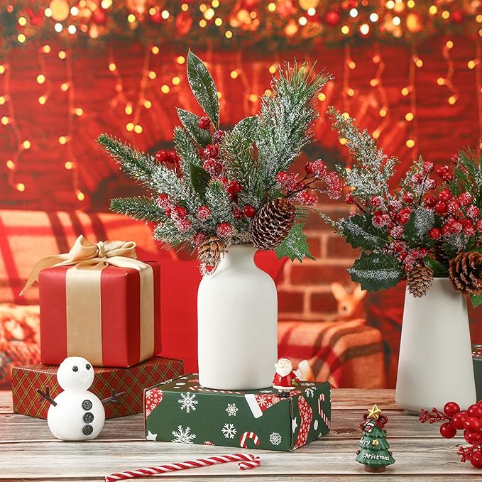 Cindeer 16 Pieces Christmas Artificial Pine Picks, 11 Inch Assorted Red Fruit Floral Picks Stems Berry Holly Berry Branches Pine Picks and Sprays for Xmas Floral Tree Christmas Wreath Winter Holiday