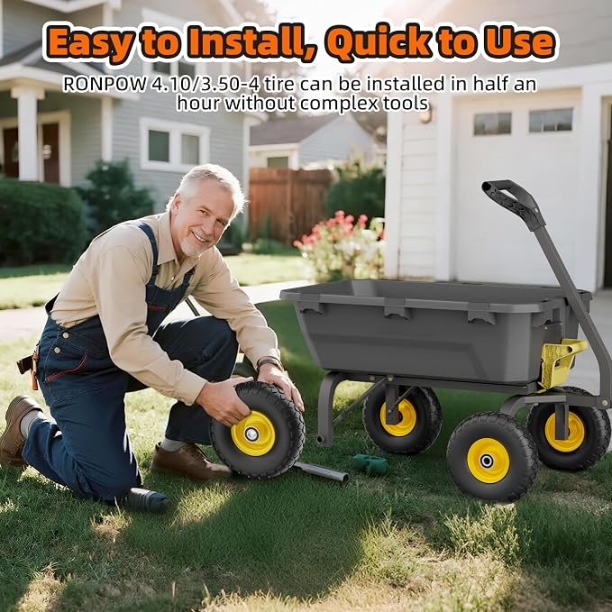 RONPOW 4.10/3.50-4 Flat Free Tire, 10 Inch Solid Tires, 500Lb Heavy Duty Replacement Wheel with 5/8" Bearings, Compatible with gorilla Cart, Garden Carts, Dump Wagons, Dolly & Hand Trucks, 2Pcs Yellow