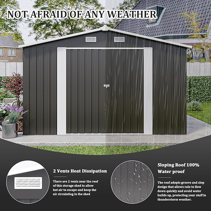 YOPTO 10x14 FT Outdoor Storage Shed, Extra Large Metal Garden Shed with Waterproof Roof, 4 Vents and 3 Lockable Doors,All-Weather Tool Shed Storage House for Backyard, Patio, Lawn,Dark Grey