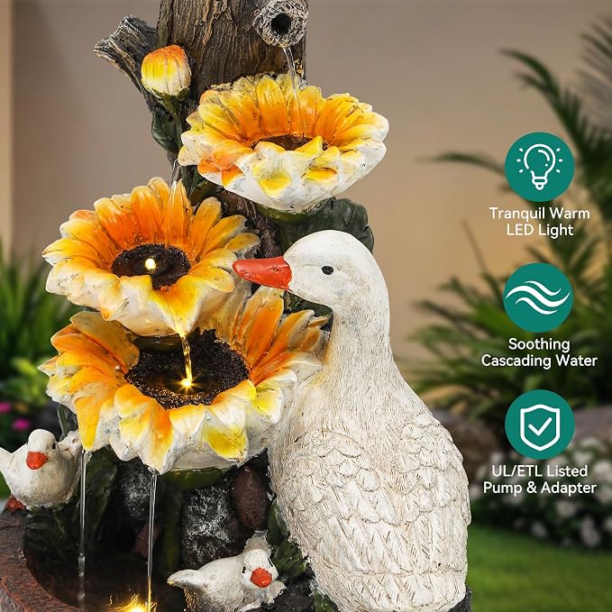 AUTODAYA 19" Water Fountain Indoor Outdoor, 4-Tier Sunflower & Duck Design with LED Lights and Cascading Waterfalls, Rustic Decor for Garden, Yard, Patio, Flowerbed & Farmhouse