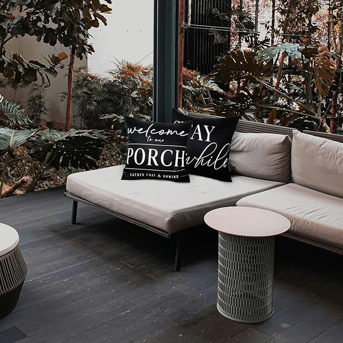 TAJWE Outdoor Pillow Covers Waterproof 16x16 Set of 2 Black and White Decorative Welcome to Our Porch Stay Awhile Cushion Cases for Patio Furniture Sofa Couch Decor