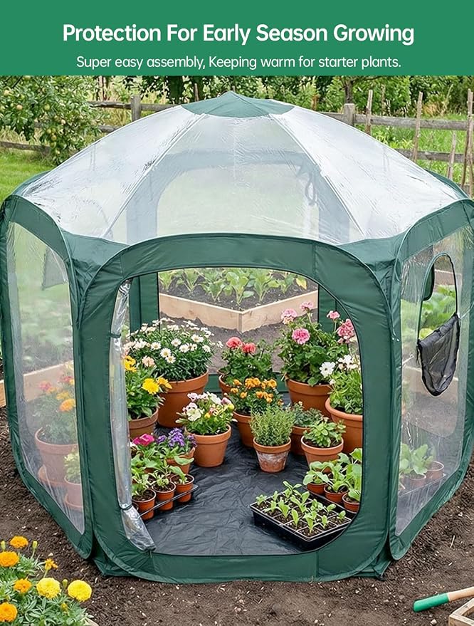Porayhut Pop up Greenhouse Tent,Portable Large Walk-in Plant House 10’X10’ ,Indoor Outdoor Gardening Plant Sunshine Room with PVC Mesh Cloth Cover for Protecting Plant from Cold Frost & Birds