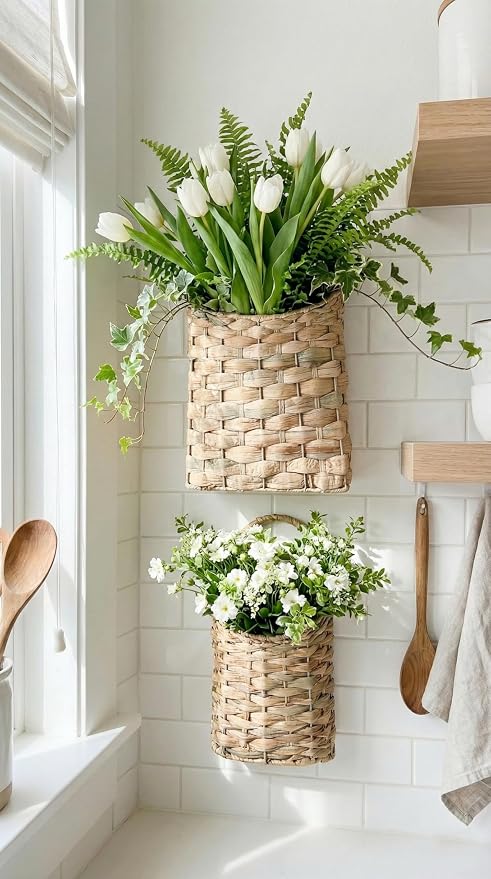 AceList Woven Hanging Basket for Front Door Set of 2, Built-in Iron Frame Handmade Water Hyacinth Wall Mounted Organizer, Natural Wicker Storage for Mail Flowers, Boho Farmhouse Decor for Home