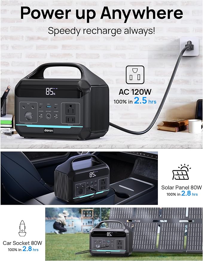 DARAN Portable Power Station 600W(1200W Surge) - 288Wh Solar Generator LiFePO4 Battery with AC DC Outlets, 8.3LB Portable Charging Station for Camping, RV, Home, Emergency (Solar Optional)
