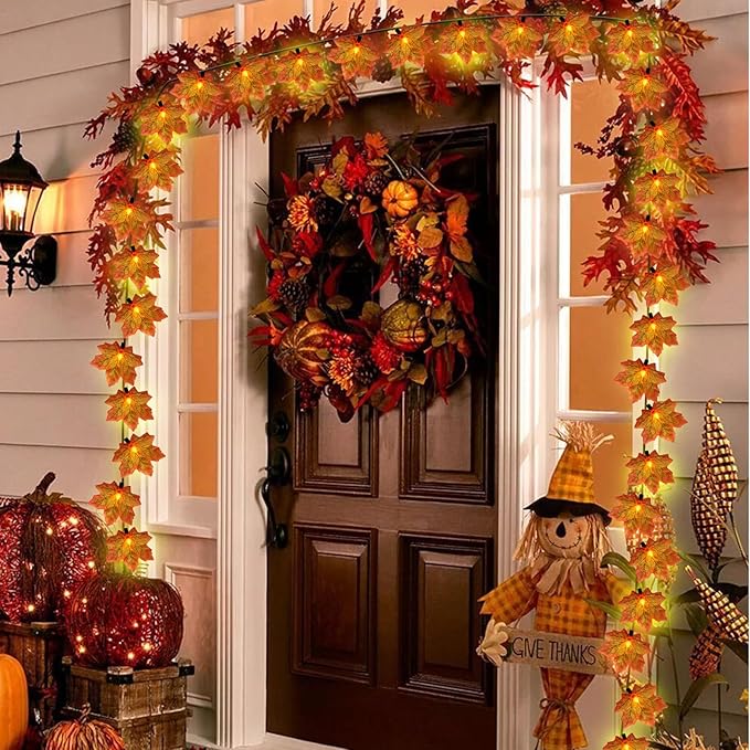 GOOTHY Fall Decor Orange Maple Leaf String Lights Plug in, 13.6Ft LED Outdoor Thanksgiving Decorations Lights with 35 Maple Leaves Light, Hanging Halloween Leaves Light for Outdoor Fall Party Window