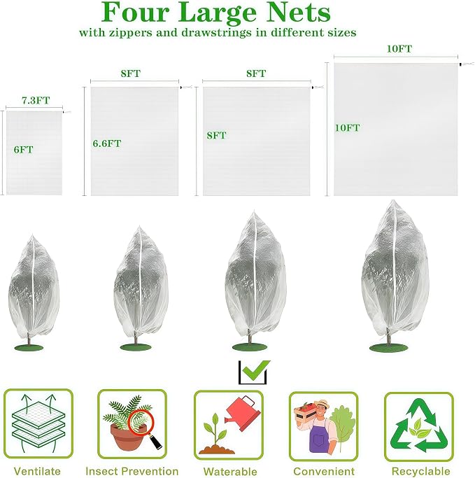 1 Pack 12.5×12.2Ft Extra Large Drawstring & Zipper Fruit Tree Netting Cover - Reusable Bird Netting for Blueberry Bushes, Anti-Cicada/Deer/Squirrel Large Plant Protection Net