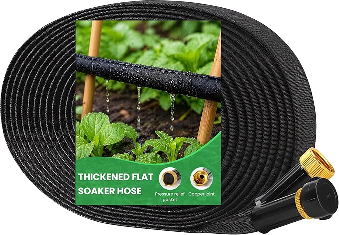 MIXC 2026 Thickened Flat Soaker Hose 50Ft with Copper Joint, Saving 80% Water, Aluminum Seal, 1mm Hose, 360°Swival Handle, Hole Pressure Relief Gasket, Drip Kit for Vegetable Garden, Lawn, Flower Bed