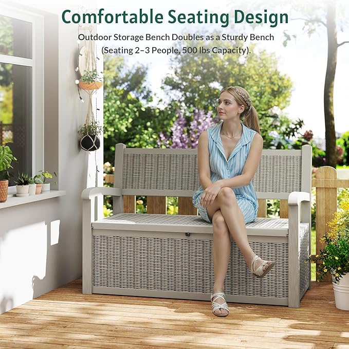Skepphlay 70 Gallon Storage Bench Deck Box Outdoor, Deck Storage Bench Outside, Lockable Outdoor Benches with Armrest & Back, Deck Boxes Waterproof for Pool Patio Garden (Grey)