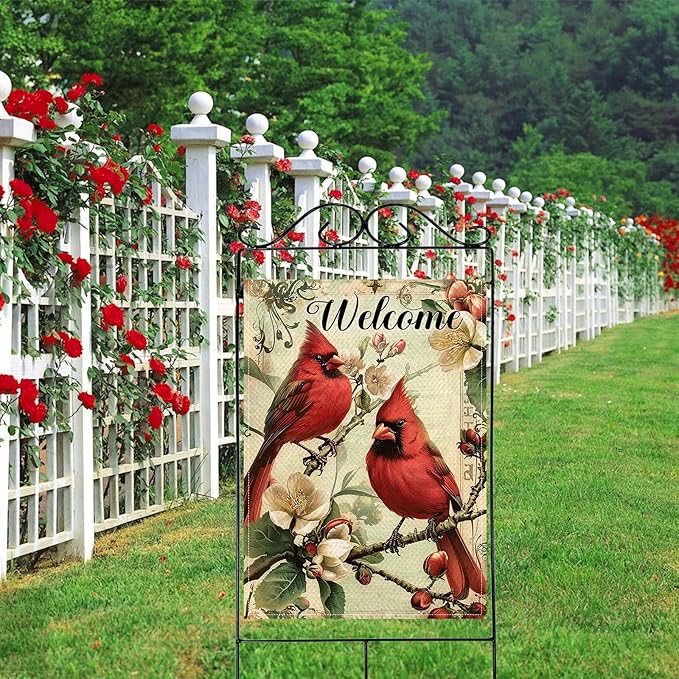 Artofy Welcome Cardinal Large Decorative House Flag, Vintage Red Birds Magnolia Flower Yard Garden Outside Decor, Retro Spring Summer Floral Burlap Outdoor Home Decoration Double Sided 28 x 40