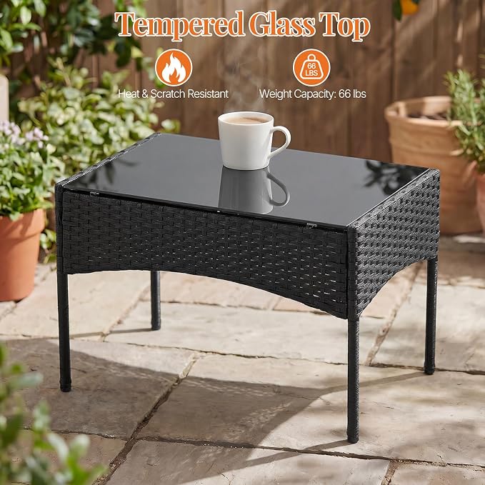 Sweetcrispy 4-Piece Patio Furniture Set, Weather-Resistant PE Rattan Wicker Outdoor Conversation Set with Tempered Glass Tabletop, Durable Outdoor Seating for Garden, Backyard, Porch, Deck, Black