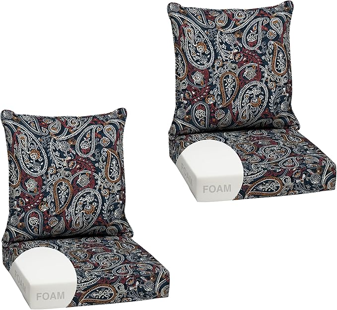 Arden Outdoor Foam Deep Seat Cushion Set (2-Pack), 24x24, Premium High-Density Foam, Never Flattens, Weather-Proof for Patio Chair Sofa Couch, Navy Palmira Paisley