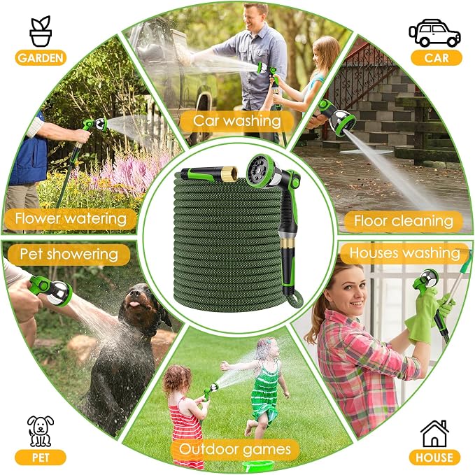 Non-Expandable Garden Hose 100 FT, Lightweight Hose with 10 Function Spray Nozzle, Kink-Free Flexible Water Hose, Durable, Leak-Proof, 360° Swivel Connectors, Portable Storage Strap