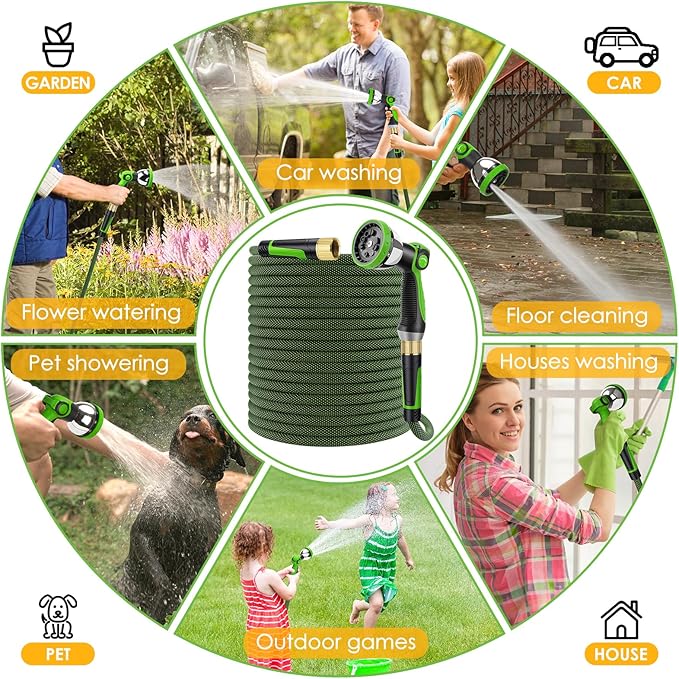 Non-Expandable Garden Hose 75 FT, Lightweight Hose with 10 Function Spray Nozzle, Kink-Free Flexible Water Hose, Durable, Leak-Proof, 360° Swivel Connectors, Portable Storage Strap