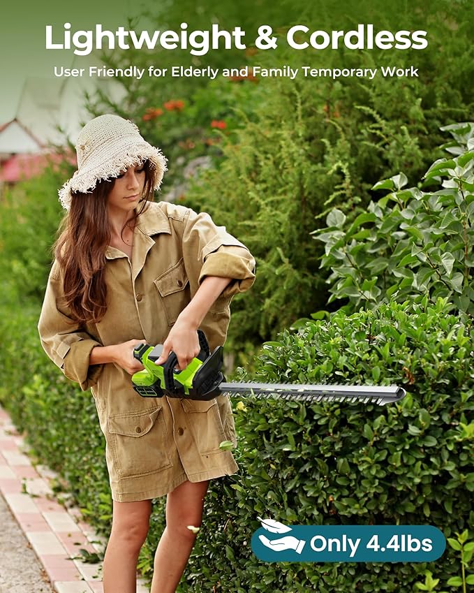 20'' Hedge Trimmer Cordless with 2pcs 4000mAh Battery, Electric Handheld Bush Clipper with Rechargeable Batteries, 3000RPM 180° Rotatable Head, 2/3'' Blade Gap Green,Gifts for Mother’s Day