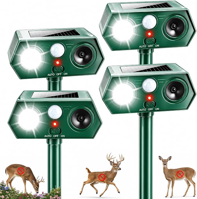 2026 Sonic Fortress Pro Deer Repellent Device Solar Ultrasonic Animal Repellent with Motion Sensor&Flash Light,Squirrel Fortress Pro Raccoon,Rabbit Repellent for Plants,Vegetables Yard 4 Pack