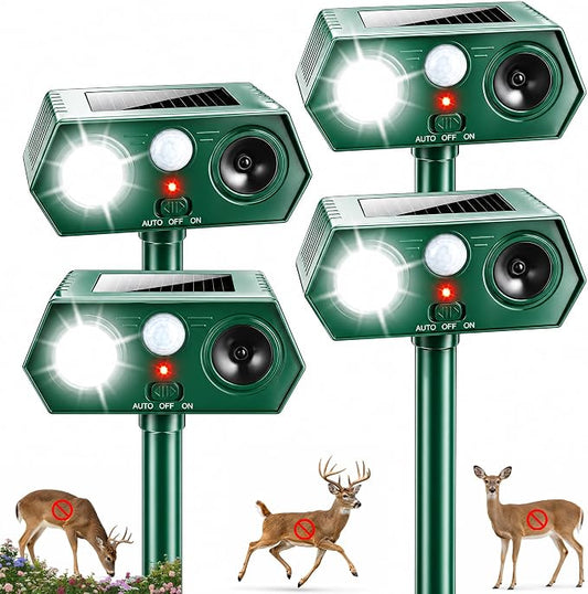 2026 Sonic Fortress Pro Deer Repellent Device Solar Ultrasonic Animal Repellent with Motion Sensor&Flash Light,Squirrel Fortress Pro Raccoon,Rabbit Repellent for Plants,Vegetables Yard 4 Pack