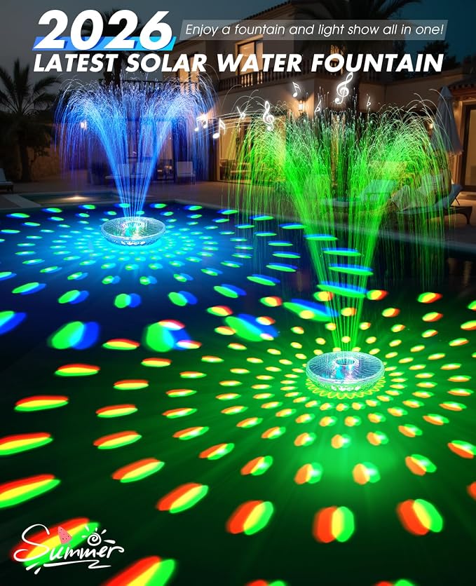 Solar Pool Fountain with Light Show,2026 Upgraded Large Solar Pool Water Fountain, Floating Pool Fountain for Above Ground Pool,Solar Floating Fountain Pump