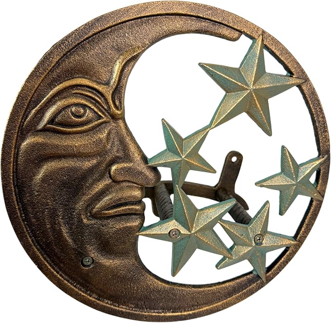 Zeckos Hose Hanger Cast Iron Celestial Moon Face and Stars Wall Mounted Garden Hose Holder, 11.5 X 11.5 Inches, Antiqued Bronze Finish, Hardware Included, 75 Foot Capacity